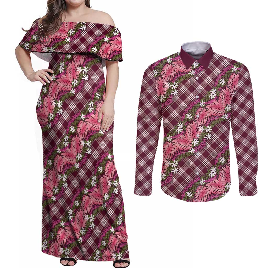 Polynesian Monstera Tiare Floral Couples Matching Off Shoulder Maxi Dress and Long Sleeve Button Shirt Fuchsia Tropical Plaid - Polynesian Pride