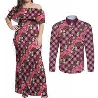 Polynesian Monstera Tiare Floral Couples Matching Off Shoulder Maxi Dress and Long Sleeve Button Shirt Fuchsia Tropical Plaid - Polynesian Pride
