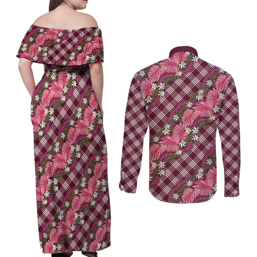 Polynesian Monstera Tiare Floral Couples Matching Off Shoulder Maxi Dress and Long Sleeve Button Shirt Fuchsia Tropical Plaid - Polynesian Pride