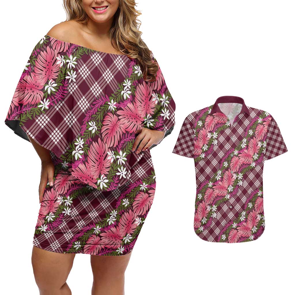 Polynesian Monstera Tiare Floral Couples Matching Off Shoulder Short Dress and Hawaiian Shirt Fuchsia Tropical Plaid - Polynesian Pride