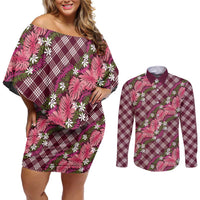 Polynesian Monstera Tiare Floral Couples Matching Off Shoulder Short Dress and Long Sleeve Button Shirt Fuchsia Tropical Plaid - Polynesian Pride