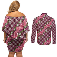 Polynesian Monstera Tiare Floral Couples Matching Off Shoulder Short Dress and Long Sleeve Button Shirt Fuchsia Tropical Plaid - Polynesian Pride