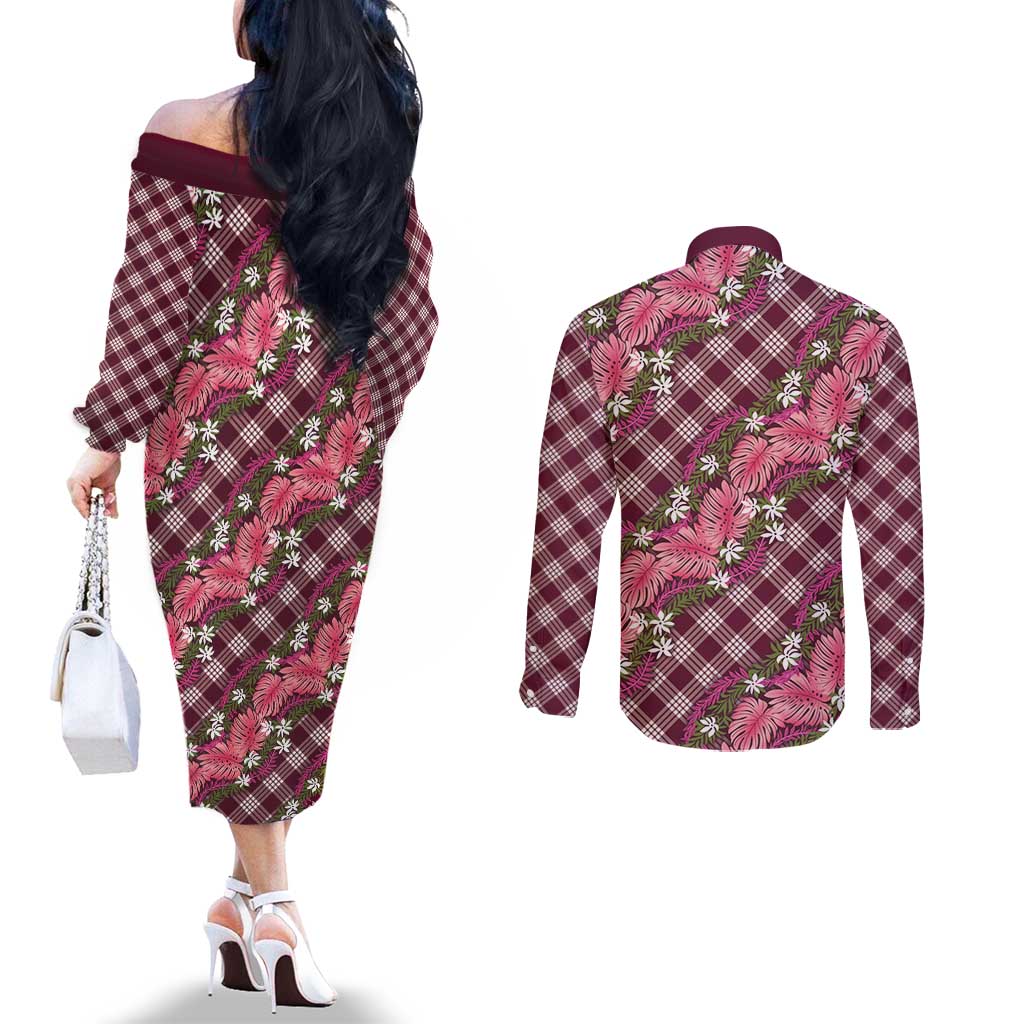 Polynesian Monstera Tiare Floral Couples Matching Off The Shoulder Long Sleeve Dress and Long Sleeve Button Shirt Fuchsia Tropical Plaid - Polynesian Pride