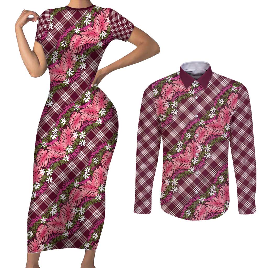 Polynesian Monstera Tiare Floral Couples Matching Short Sleeve Bodycon Dress and Long Sleeve Button Shirt Fuchsia Tropical Plaid - Polynesian Pride