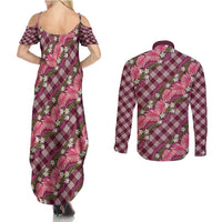 Polynesian Monstera Tiare Floral Couples Matching Summer Maxi Dress and Long Sleeve Button Shirt Fuchsia Tropical Plaid - Polynesian Pride