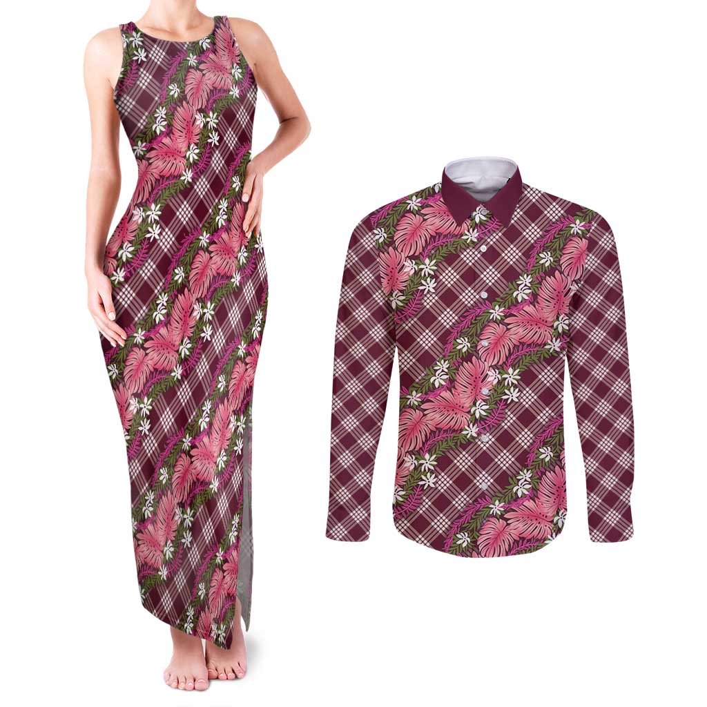 Polynesian Monstera Tiare Floral Couples Matching Tank Maxi Dress and Long Sleeve Button Shirt Fuchsia Tropical Plaid - Polynesian Pride
