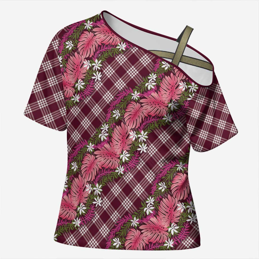 Polynesian Monstera Tiare Floral Cross Shoulder Shirt Fuchsia Tropical Plaid - Polynesian Pride