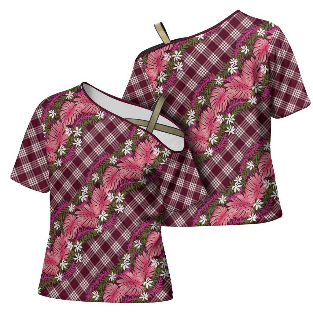 Polynesian Monstera Tiare Floral Cross Shoulder Shirt Fuchsia Tropical Plaid - Polynesian Pride
