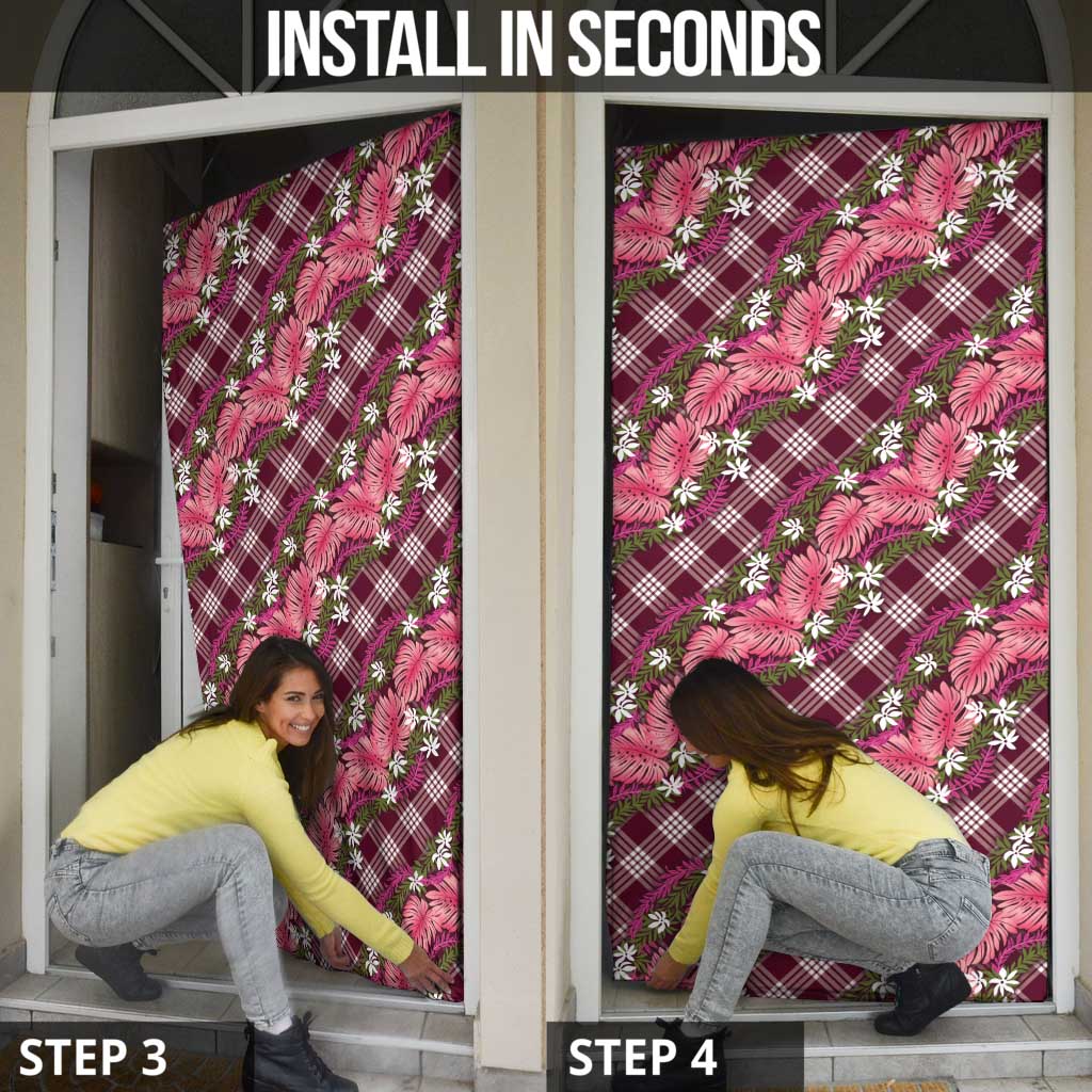 Polynesian Monstera Tiare Floral Door Cover Fuchsia Tropical Plaid - Polynesian Pride