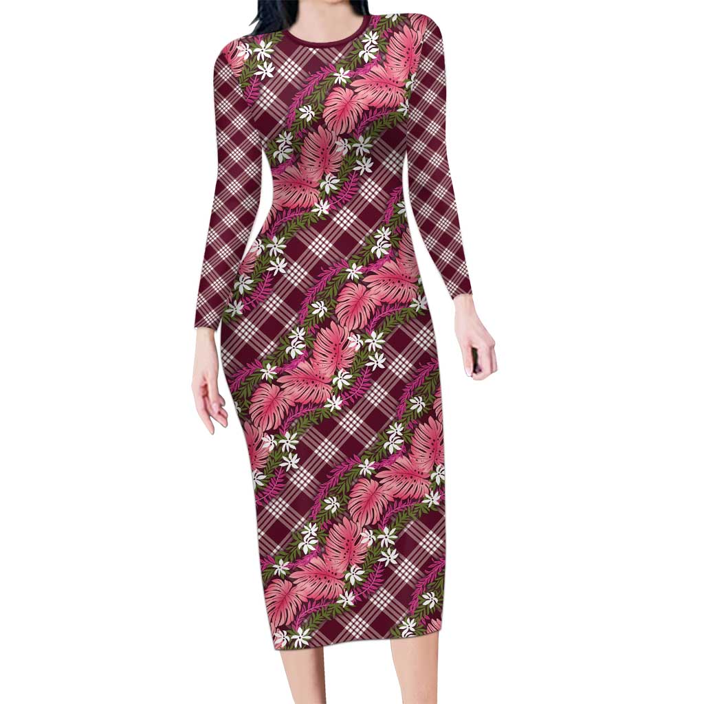 Polynesian Monstera Tiare Floral Family Matching Long Sleeve Bodycon Dress and Hawaiian Shirt Fuchsia Tropical Plaid - Polynesian Pride
