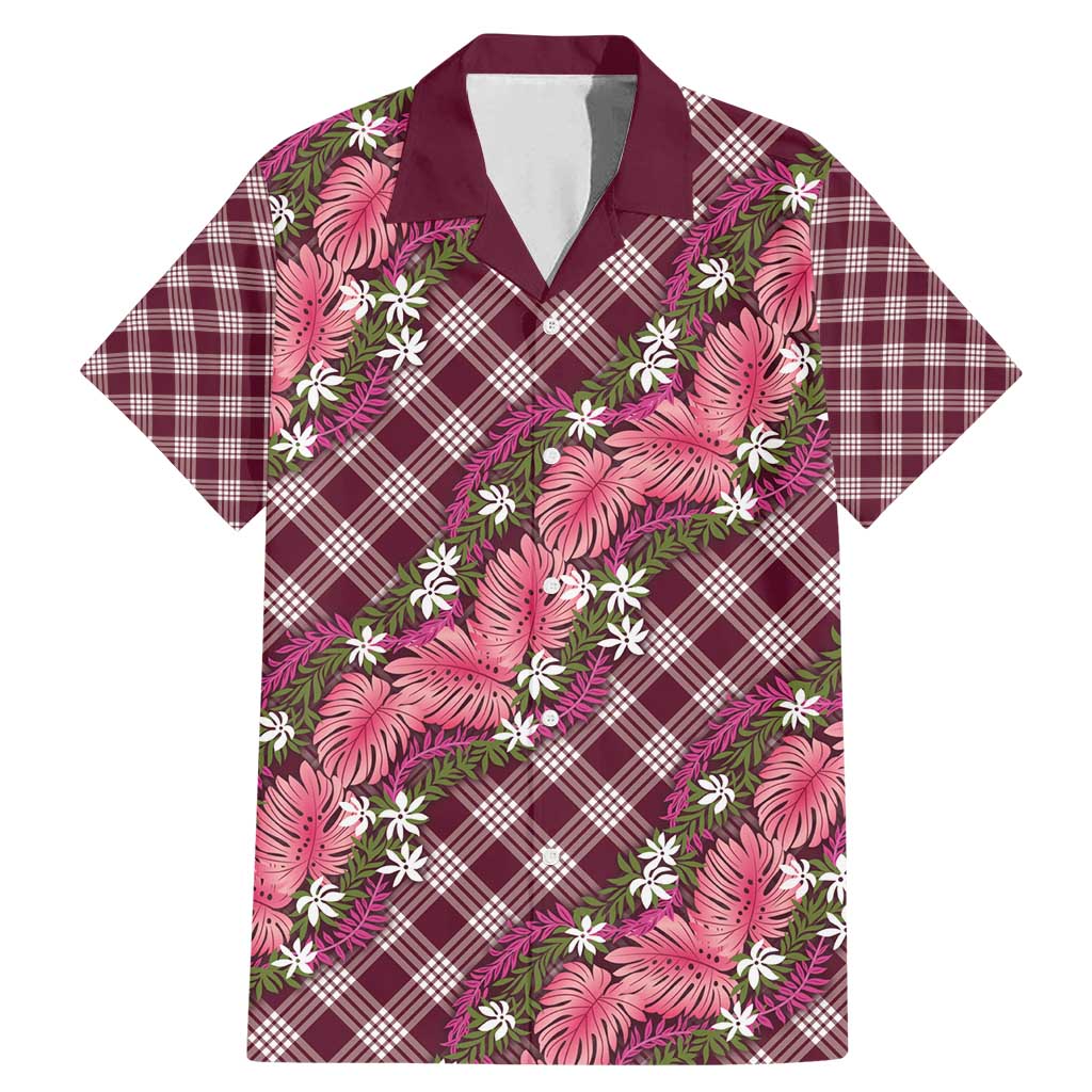 Polynesian Monstera Tiare Floral Family Matching Mermaid Dress and Hawaiian Shirt Fuchsia Tropical Plaid - Polynesian Pride