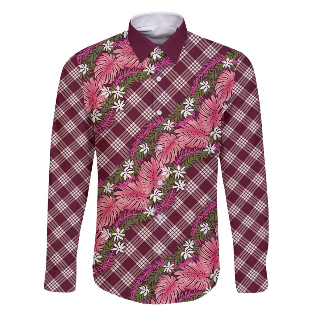 Polynesian Monstera Tiare Floral Family Matching Mermaid Dress and Hawaiian Shirt Fuchsia Tropical Plaid - Polynesian Pride
