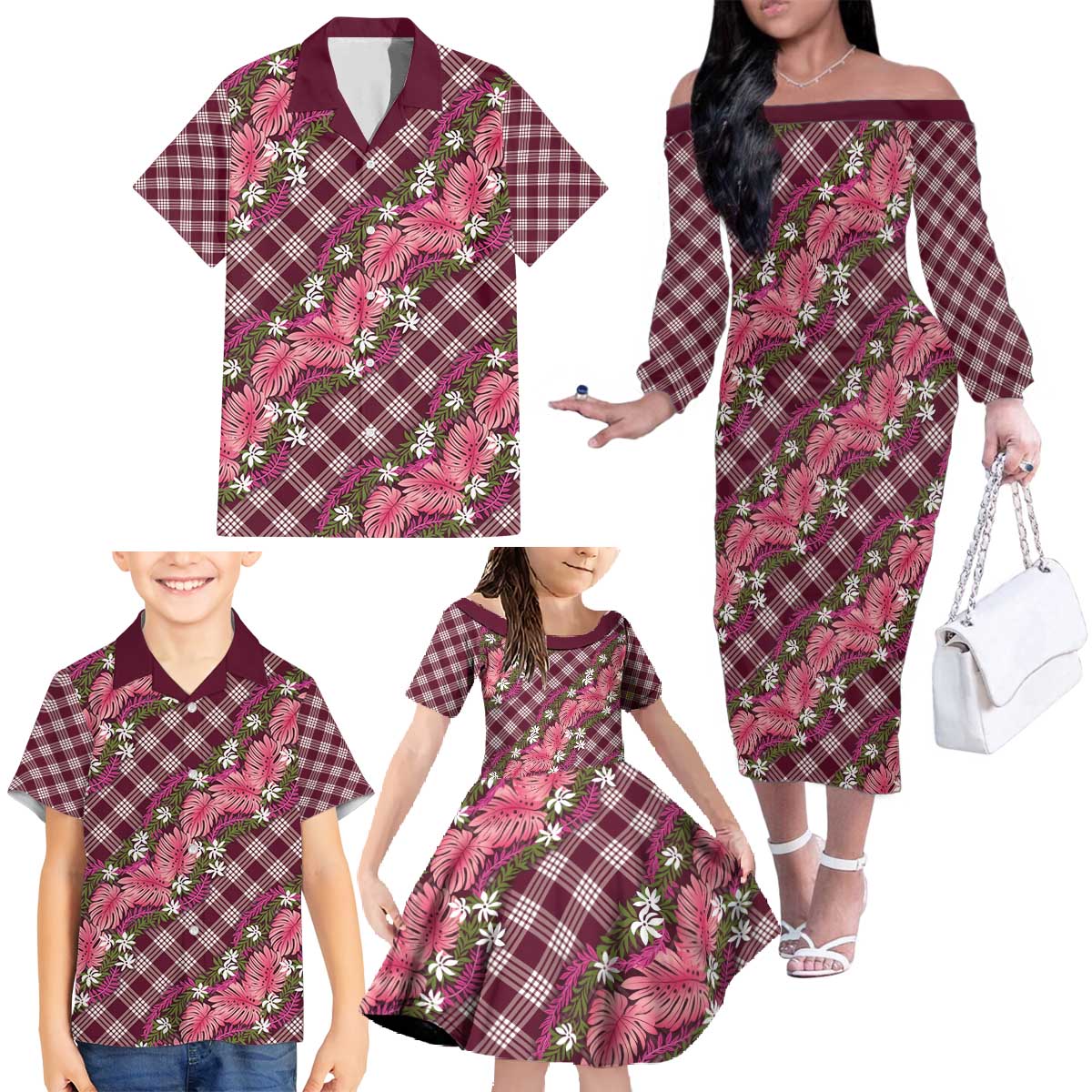 Polynesian Monstera Tiare Floral Family Matching Off The Shoulder Long Sleeve Dress and Hawaiian Shirt Fuchsia Tropical Plaid - Polynesian Pride