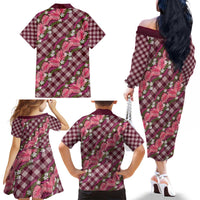 Polynesian Monstera Tiare Floral Family Matching Off The Shoulder Long Sleeve Dress and Hawaiian Shirt Fuchsia Tropical Plaid - Polynesian Pride