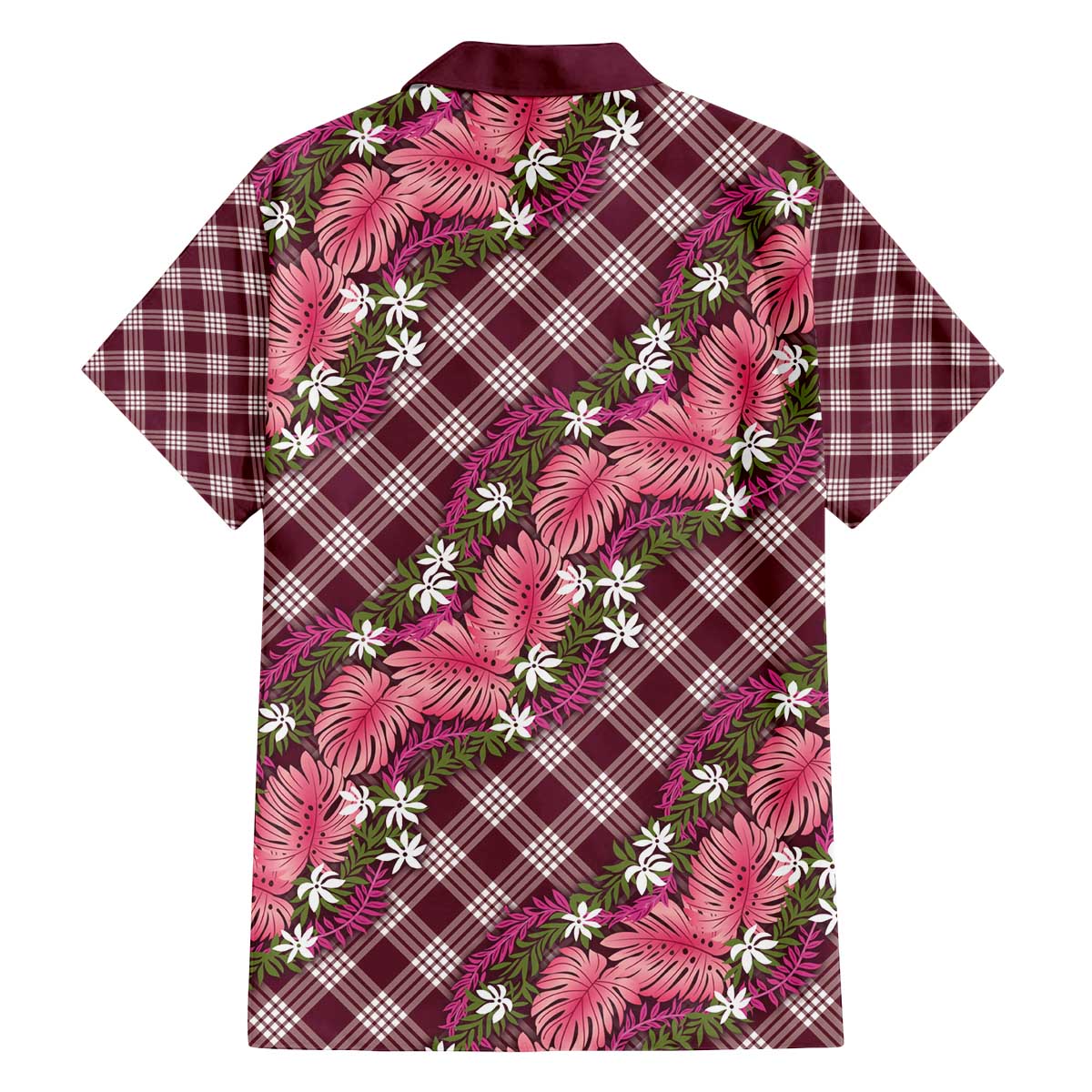 Polynesian Monstera Tiare Floral Family Matching Off The Shoulder Long Sleeve Dress and Hawaiian Shirt Fuchsia Tropical Plaid - Polynesian Pride