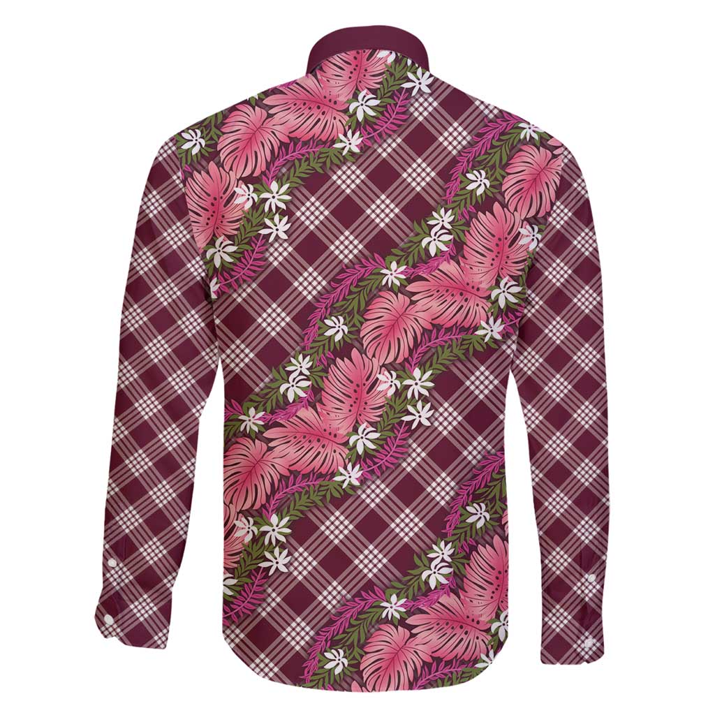 Polynesian Monstera Tiare Floral Family Matching Off Shoulder Maxi Dress and Hawaiian Shirt Fuchsia Tropical Plaid - Polynesian Pride