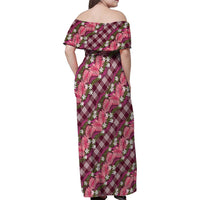 Polynesian Monstera Tiare Floral Family Matching Off Shoulder Maxi Dress and Hawaiian Shirt Fuchsia Tropical Plaid - Polynesian Pride