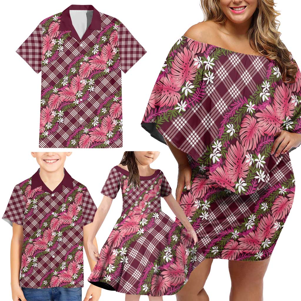 Polynesian Monstera Tiare Floral Family Matching Off Shoulder Short Dress and Hawaiian Shirt Fuchsia Tropical Plaid - Polynesian Pride