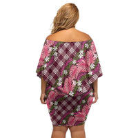 Polynesian Monstera Tiare Floral Family Matching Off Shoulder Short Dress and Hawaiian Shirt Fuchsia Tropical Plaid - Polynesian Pride