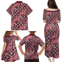 Polynesian Monstera Tiare Floral Family Matching Puletasi and Hawaiian Shirt Fuchsia Tropical Plaid - Polynesian Pride