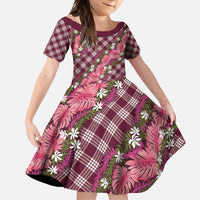 Polynesian Monstera Tiare Floral Family Matching Short Sleeve Bodycon Dress and Hawaiian Shirt Fuchsia Tropical Plaid - Polynesian Pride