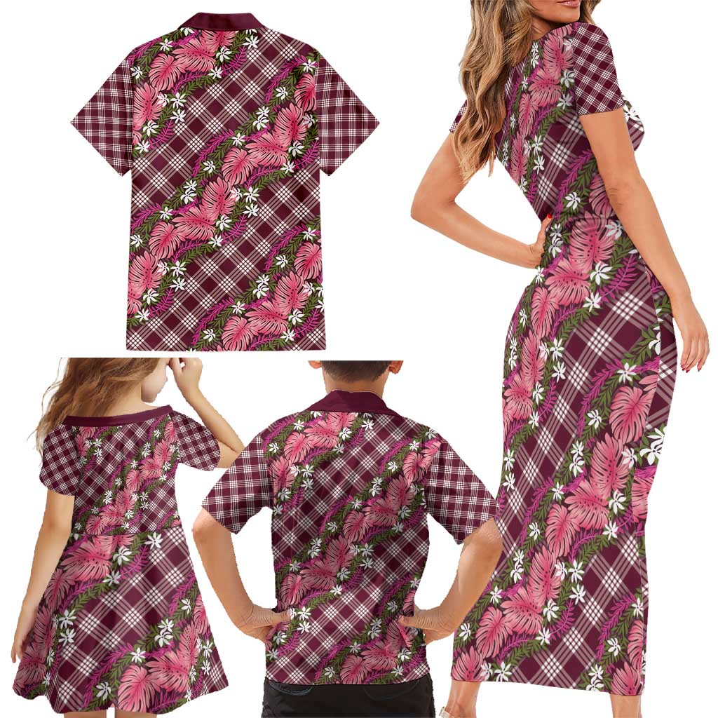 Polynesian Monstera Tiare Floral Family Matching Short Sleeve Bodycon Dress and Hawaiian Shirt Fuchsia Tropical Plaid - Polynesian Pride