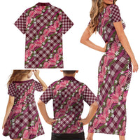 Polynesian Monstera Tiare Floral Family Matching Short Sleeve Bodycon Dress and Hawaiian Shirt Fuchsia Tropical Plaid - Polynesian Pride