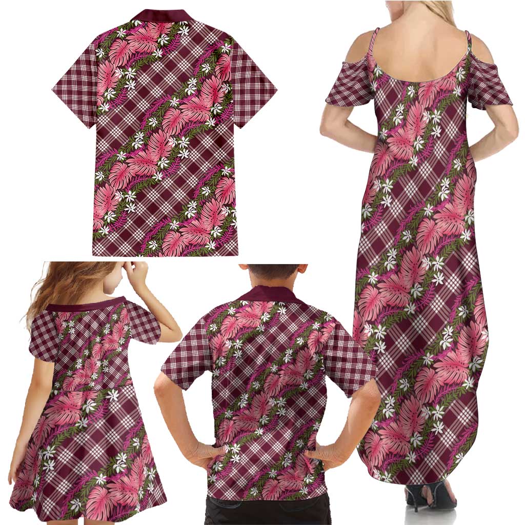 Polynesian Monstera Tiare Floral Family Matching Summer Maxi Dress and Hawaiian Shirt Fuchsia Tropical Plaid - Polynesian Pride
