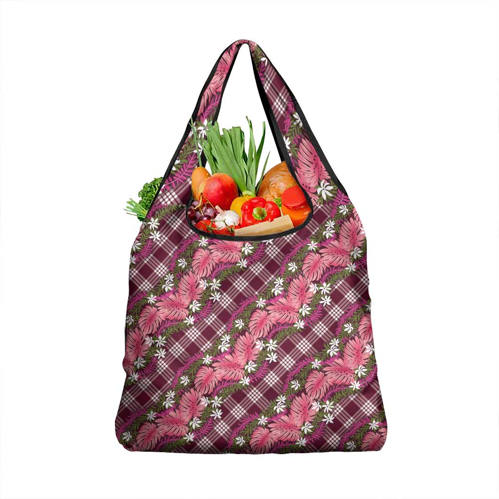 Polynesian Monstera Tiare Floral Grocery Bag Fuchsia Tropical Plaid - Polynesian Pride