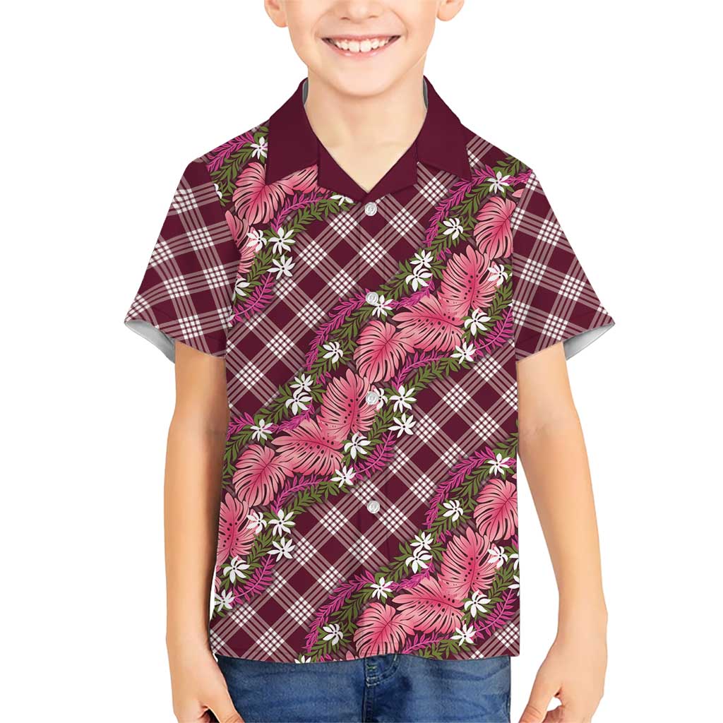 Polynesian Monstera Tiare Floral Kid Hawaiian Shirt Fuchsia Tropical Plaid - Polynesian Pride
