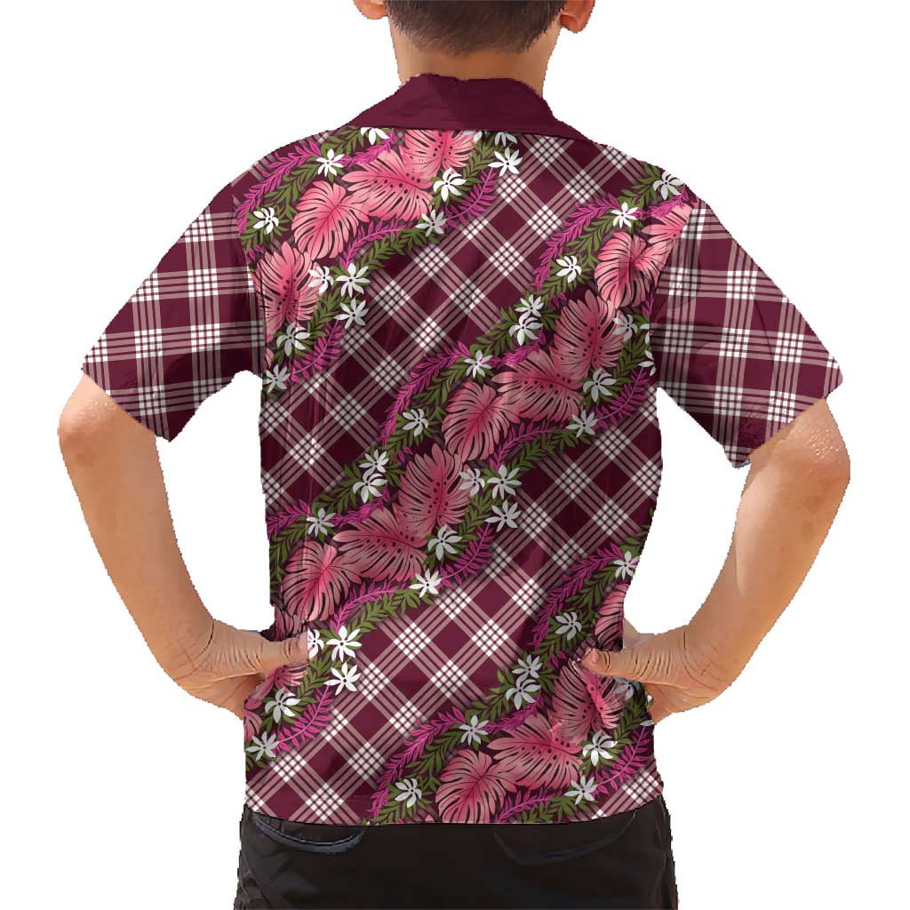 Polynesian Monstera Tiare Floral Kid Hawaiian Shirt Fuchsia Tropical Plaid - Polynesian Pride