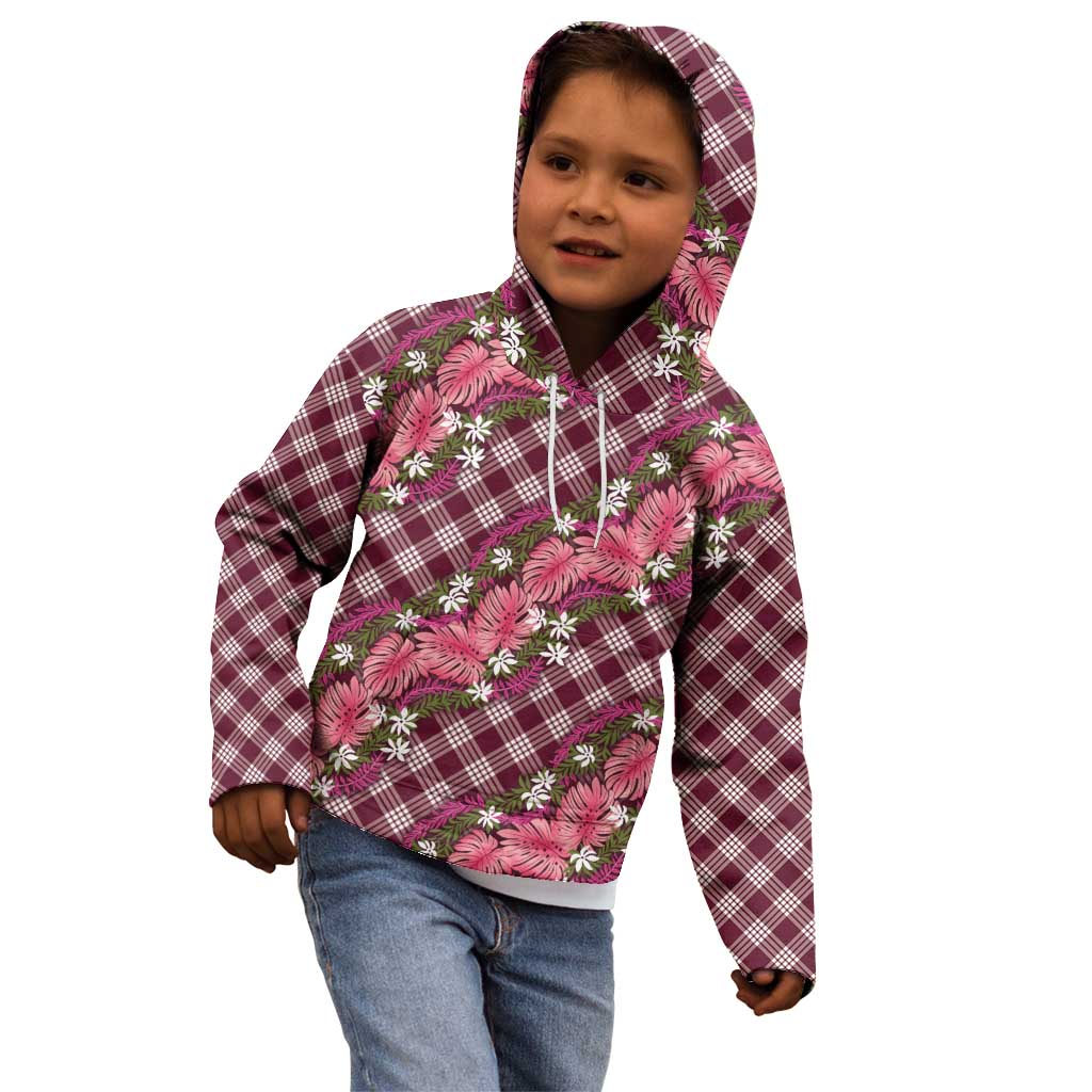 Polynesian Monstera Tiare Floral Kid Hoodie Fuchsia Tropical Plaid - Polynesian Pride