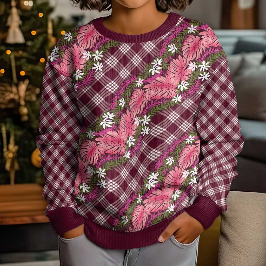 Polynesian Monstera Tiare Floral Kid Ugly Christmas Sweater Fuchsia Tropical Plaid - Polynesian Pride