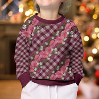 Polynesian Monstera Tiare Floral Kid Ugly Christmas Sweater Fuchsia Tropical Plaid - Polynesian Pride