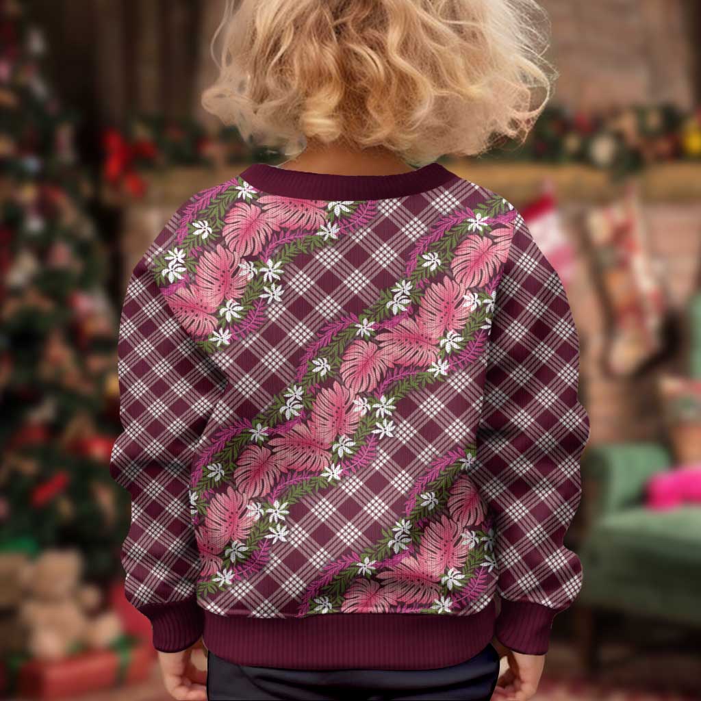 Polynesian Monstera Tiare Floral Kid Ugly Christmas Sweater Fuchsia Tropical Plaid - Polynesian Pride