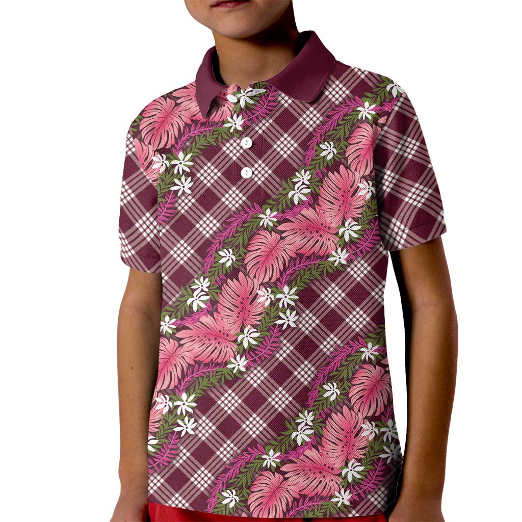 Polynesian Monstera Tiare Floral Kid Polo Shirt Fuchsia Tropical Plaid - Polynesian Pride