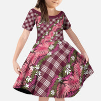 Polynesian Monstera Tiare Floral Kid Short Sleeve Dress Fuchsia Tropical Plaid - Polynesian Pride