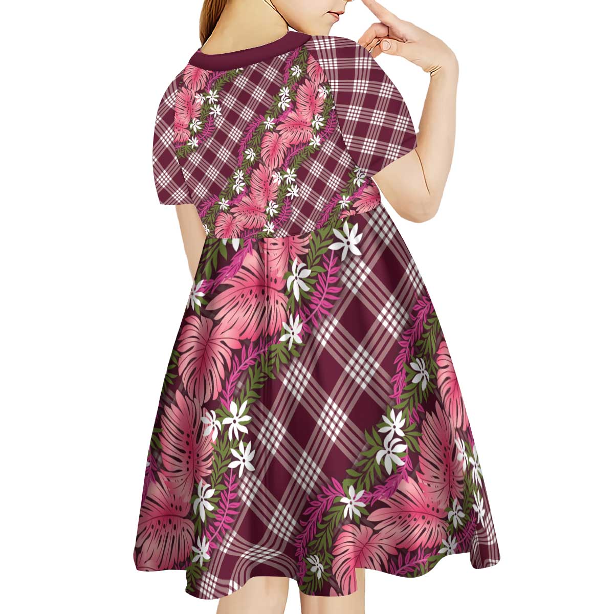 Polynesian Monstera Tiare Floral Kid Short Sleeve Dress Fuchsia Tropical Plaid - Polynesian Pride