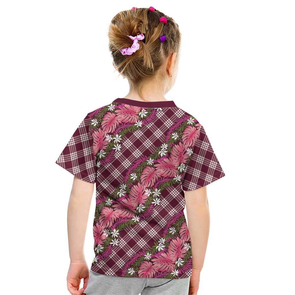 Polynesian Monstera Tiare Floral Kid T Shirt Fuchsia Tropical Plaid - Polynesian Pride