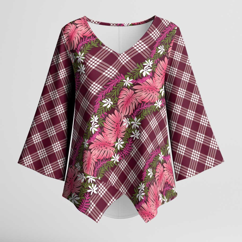 Polynesian Monstera Tiare Floral Kimono Sleeve Blouse Fuchsia Tropical Plaid - Polynesian Pride