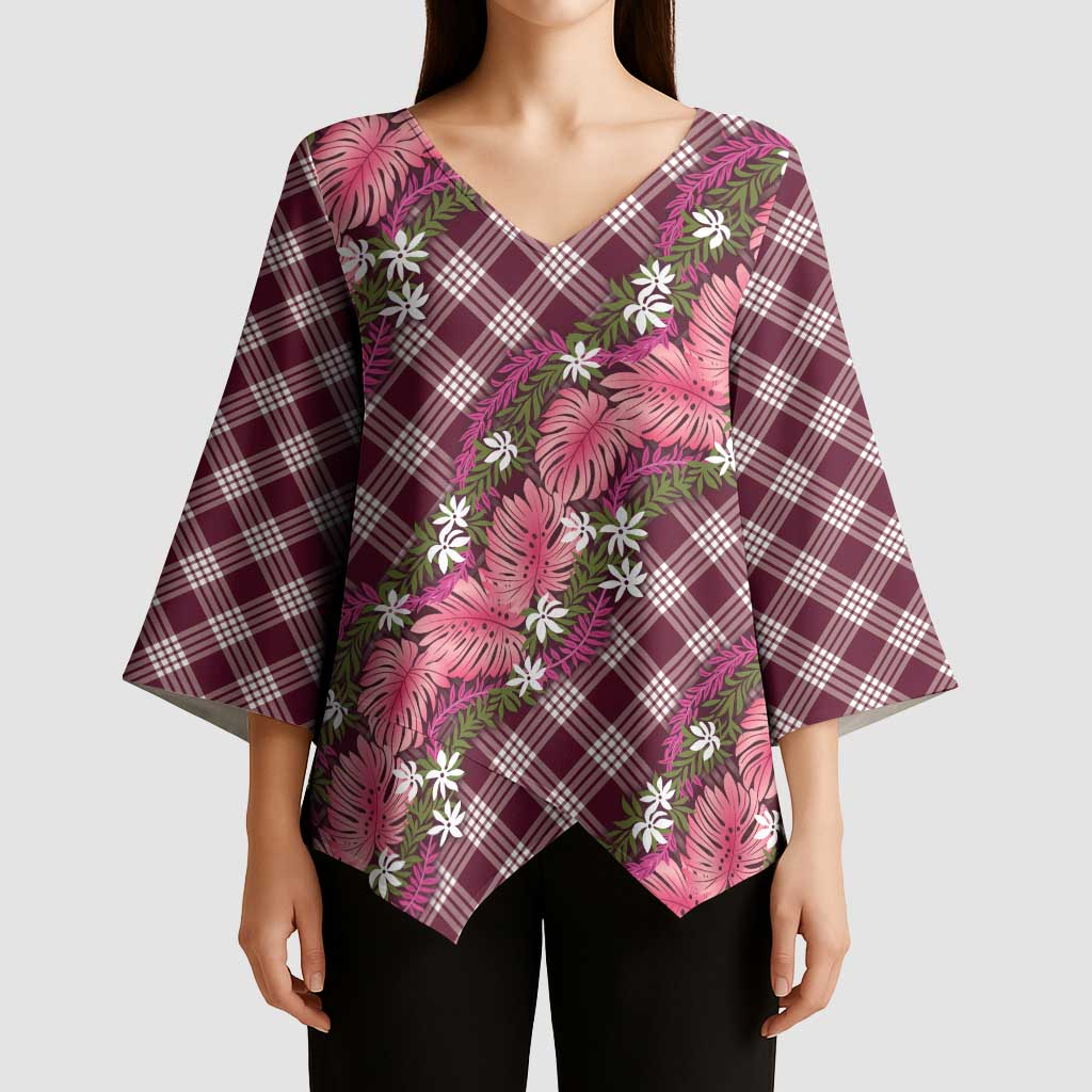 Polynesian Monstera Tiare Floral Kimono Sleeve Blouse Fuchsia Tropical Plaid - Polynesian Pride