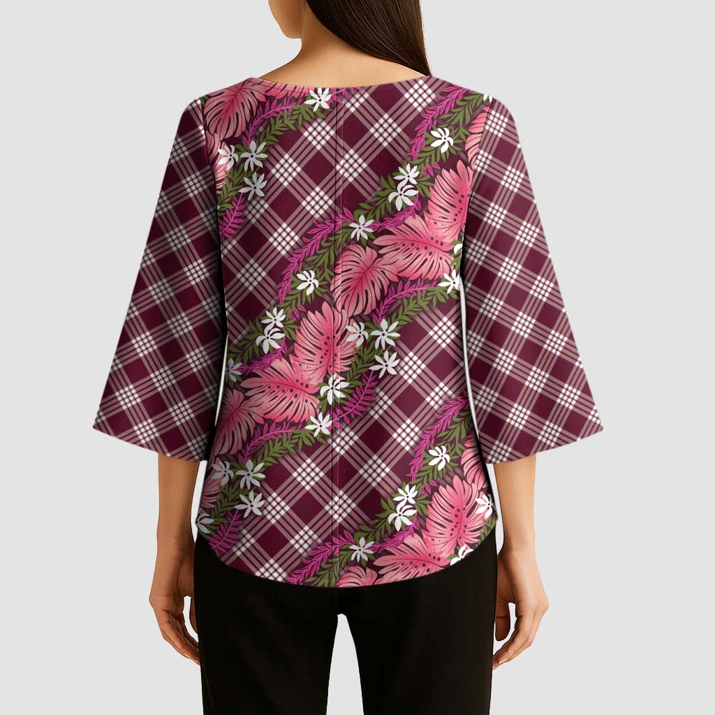 Polynesian Monstera Tiare Floral Kimono Sleeve Blouse Fuchsia Tropical Plaid - Polynesian Pride