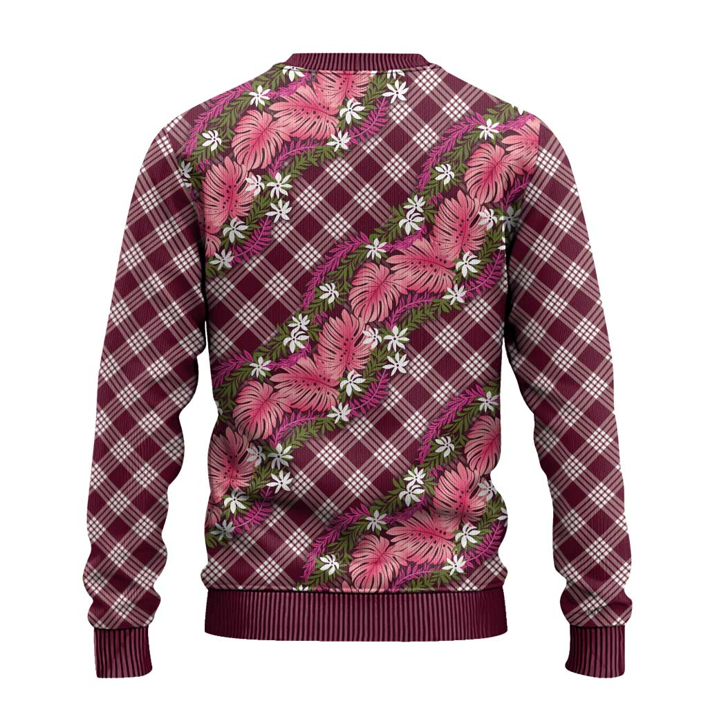 Polynesian Monstera Tiare Floral Ugly Christmas Sweater Fuchsia Tropical Plaid - Polynesian Pride