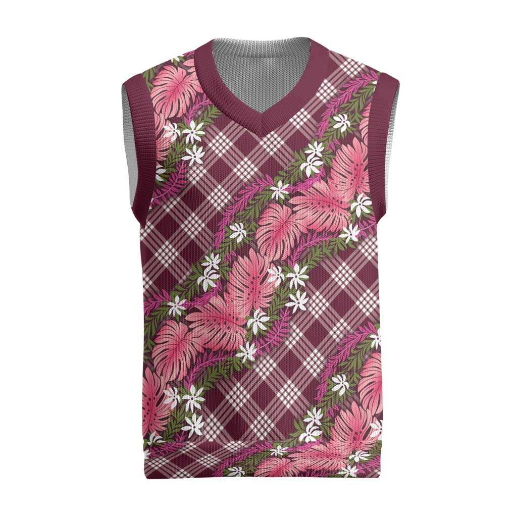 Polynesian Monstera Tiare Floral Christmas Knitted V-Neck Vest Fuchsia Tropical Plaid - Polynesian Pride