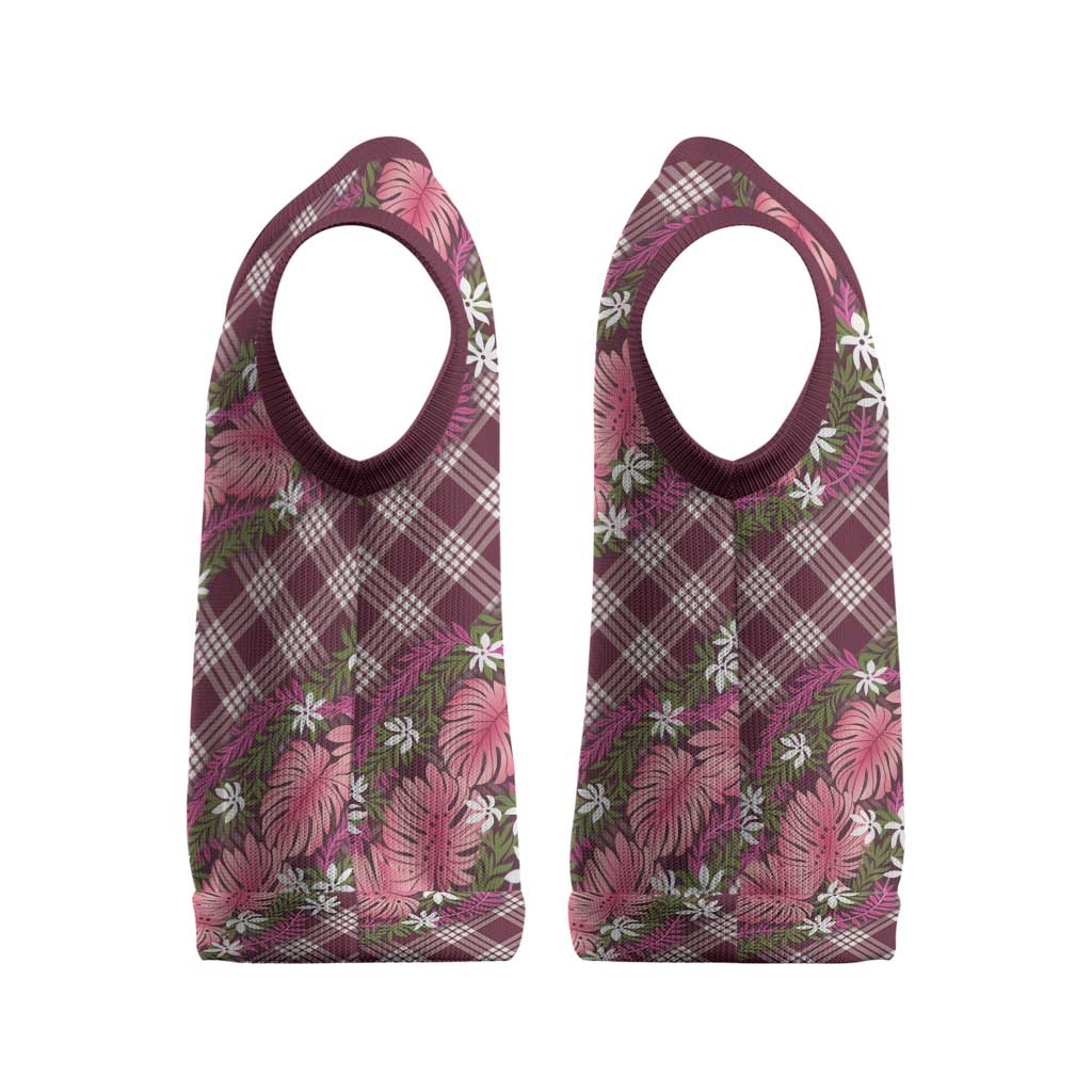 Polynesian Monstera Tiare Floral Christmas Knitted V-Neck Vest Fuchsia Tropical Plaid - Polynesian Pride