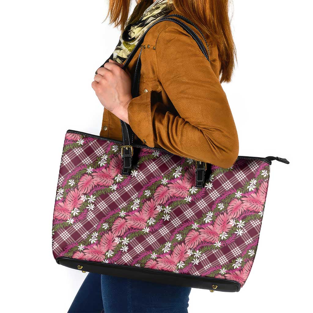 Polynesian Monstera Tiare Floral Leather Tote Bag Fuchsia Tropical Plaid - Polynesian Pride
