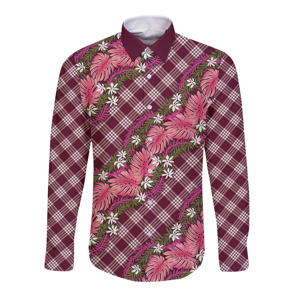 Polynesian Monstera Tiare Floral Long Sleeve Button Shirt Fuchsia Tropical Plaid - Polynesian Pride