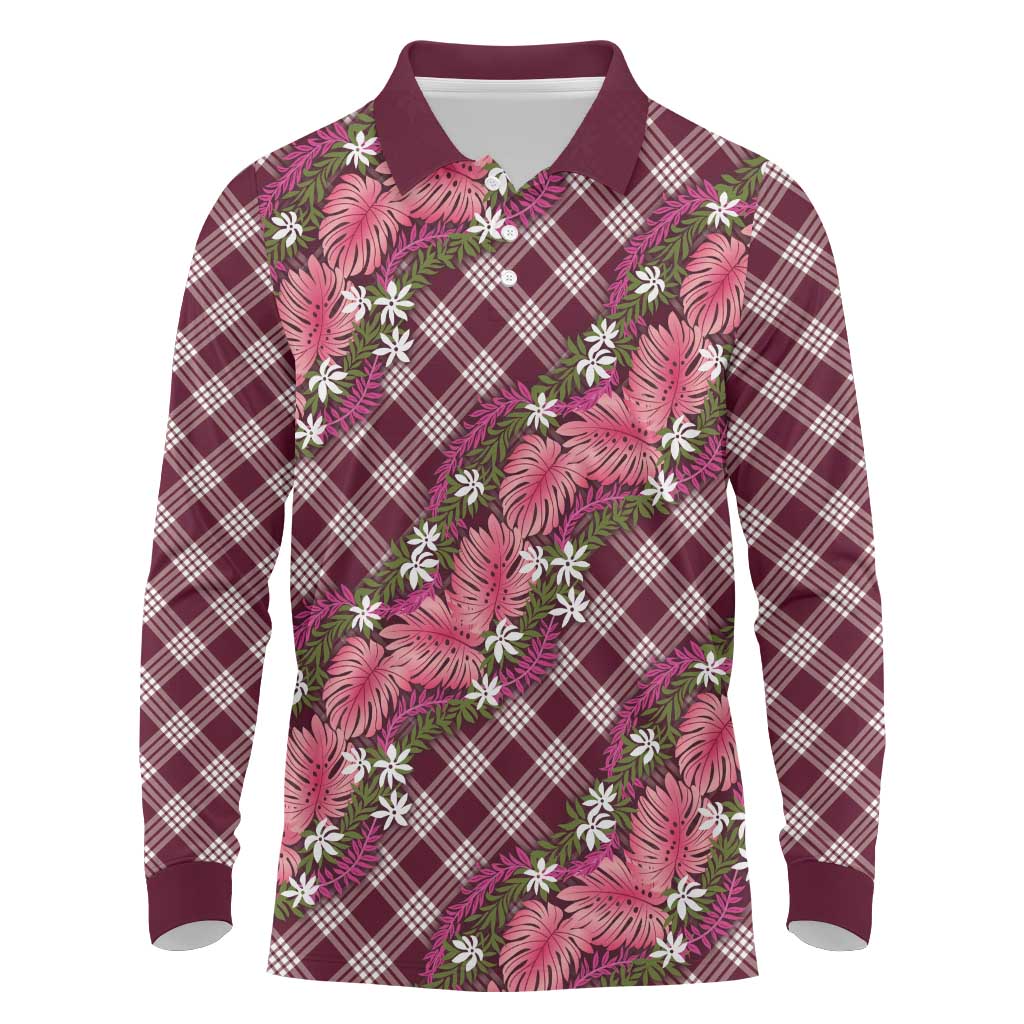 Polynesian Monstera Tiare Floral Long Sleeve Polo Shirt Fuchsia Tropical Plaid - Polynesian Pride