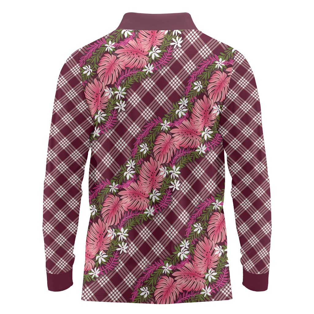Polynesian Monstera Tiare Floral Long Sleeve Polo Shirt Fuchsia Tropical Plaid - Polynesian Pride