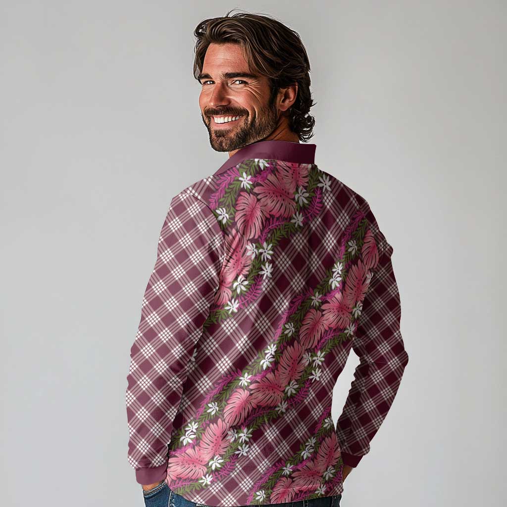 Polynesian Monstera Tiare Floral Long Sleeve Polo Shirt Fuchsia Tropical Plaid - Polynesian Pride